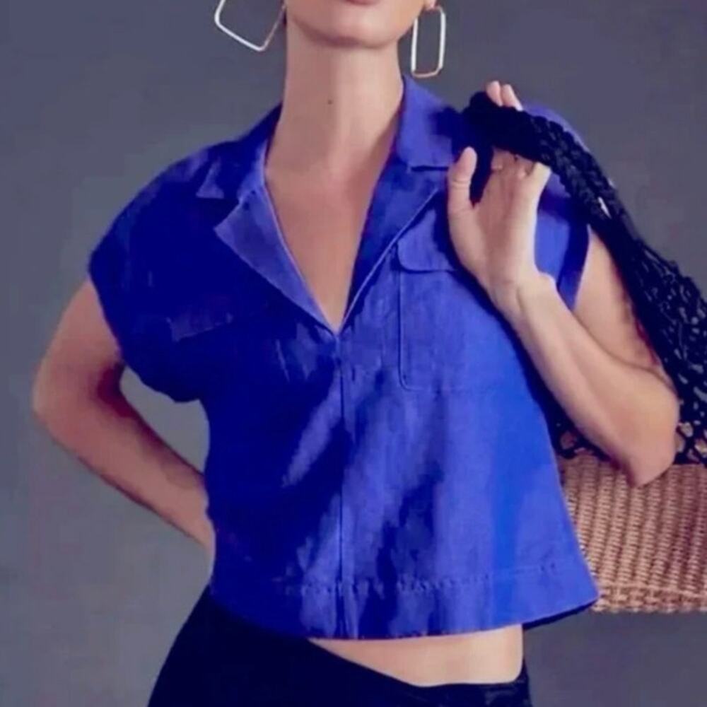 Anthropologie Linen Blend Cropped Utility Split Neck Pop-Over Top size M Blue